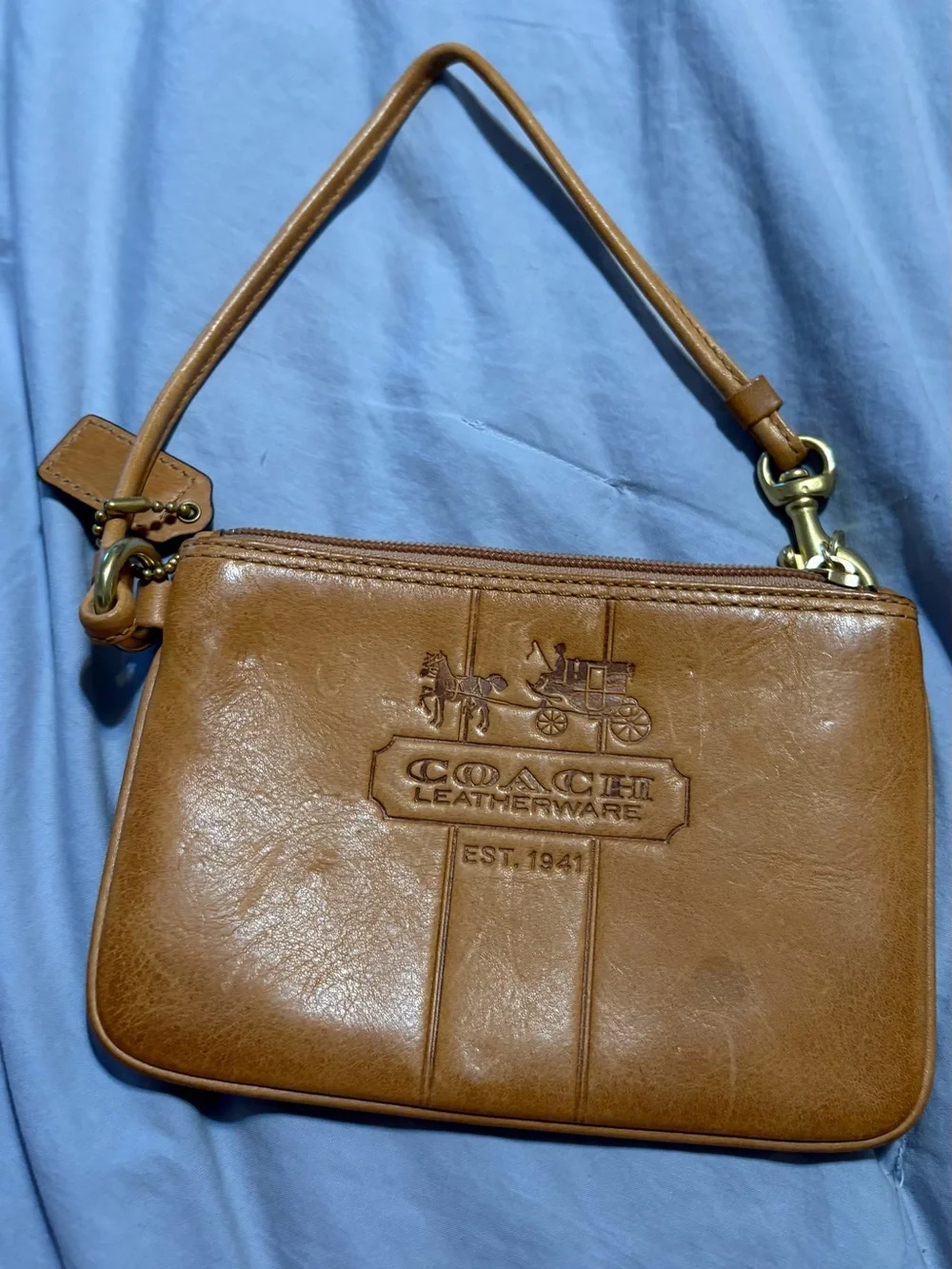 Coach Tan Leather Wristlet with Embossed Carriage Logo